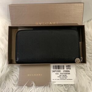 BVLGARI Continental Wallet Black and Silver Zipper Detail Logo Charm